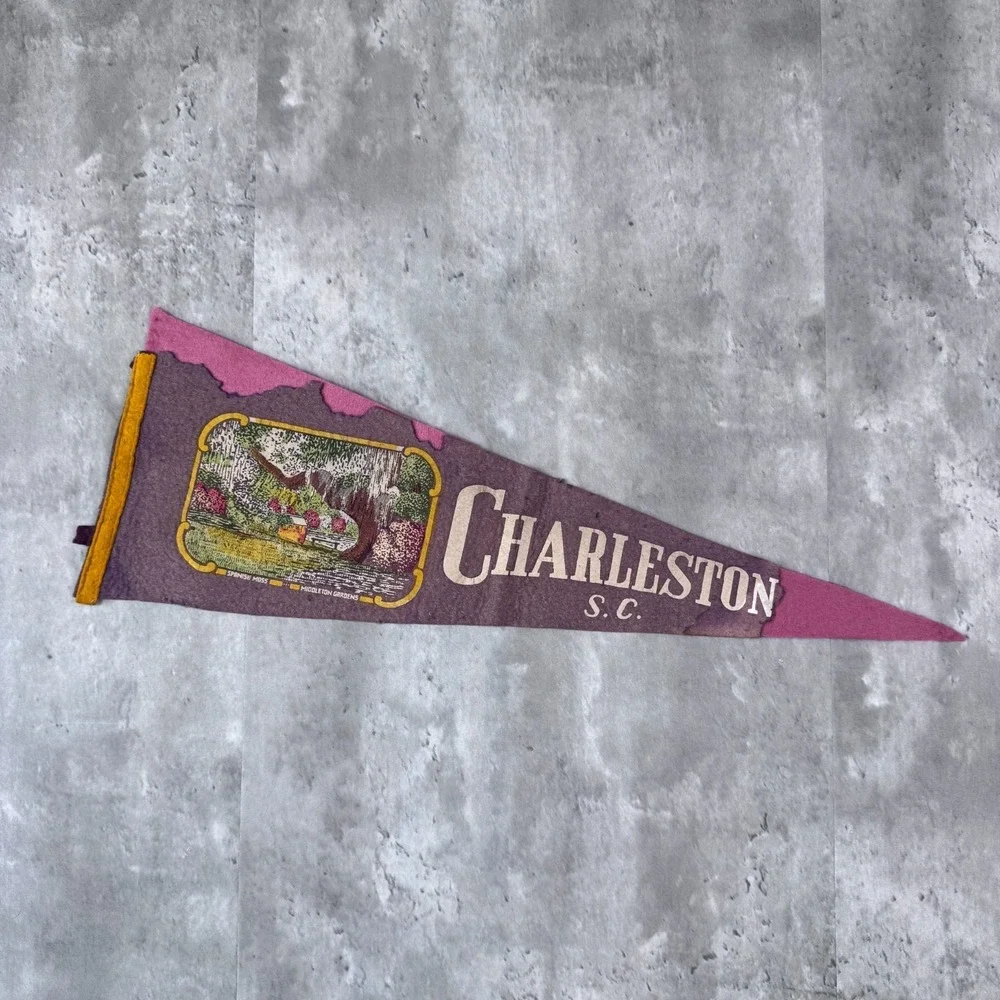 Vintage Charleston South Carolina Souvenir Pennant Flag Distressed Felt 1940s